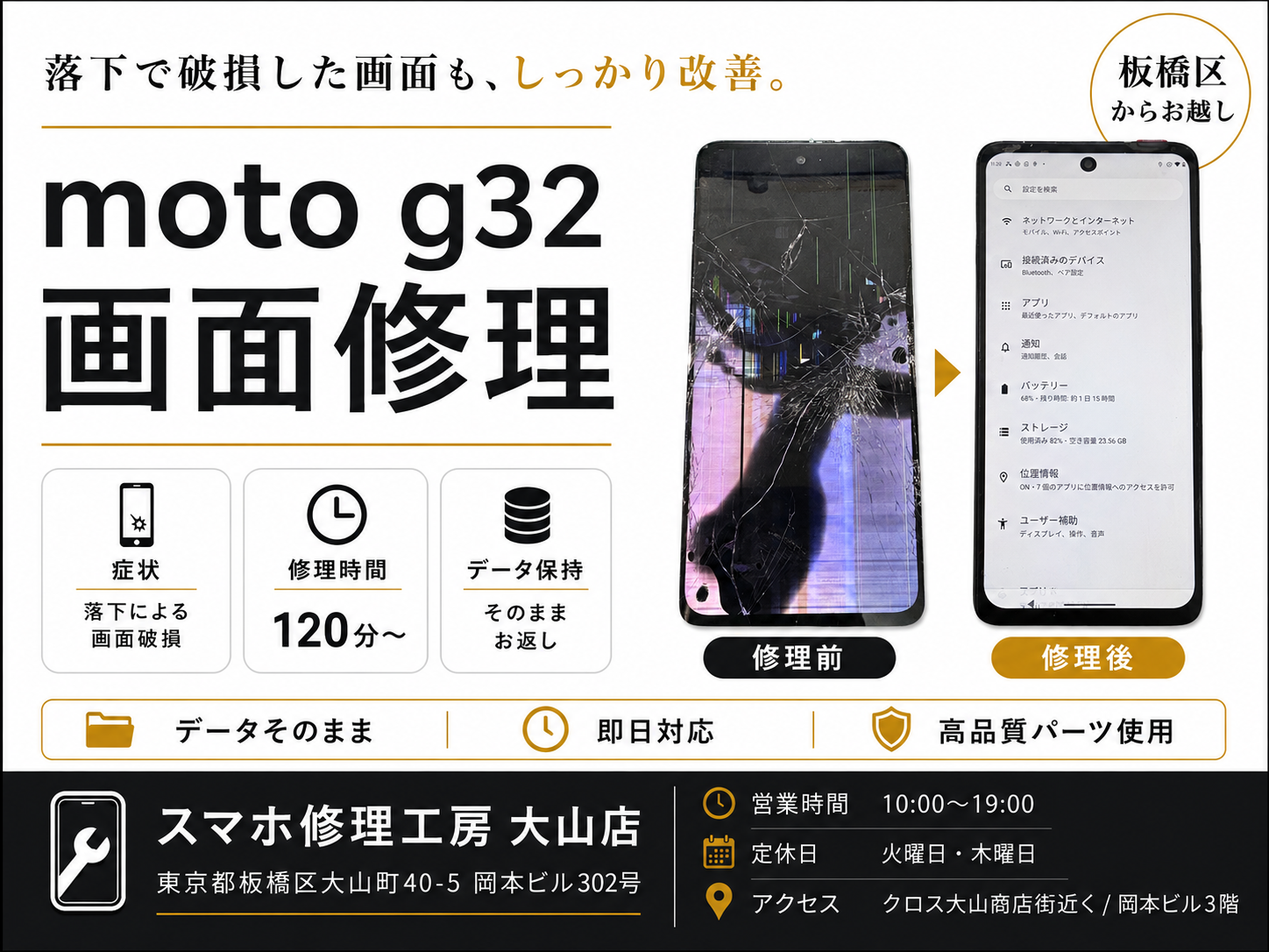 【moto g32・画面破損】板橋区でAndroid修理ならスマホ修理工房 大山店へ！